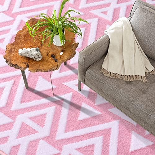 Ompaa Ultra Soft Shaggy Rug 5x8 Feet Pink Geometric Textured Carpet