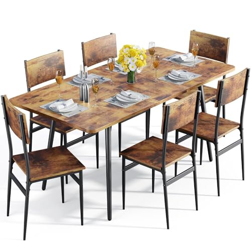 63-Extendable-Dining-Table-Set-for-4-6-People-7-Piece-Dining-Table-Set-for-6-People-with-6-Chairs-MDF-Wood-Board-Kitchen-Table-Set-for-Small-Space-and-Apartment-Rustic-Brown 63 Extendable Dining Table Set for 4 6 People 7 Piece Dining Table Set for 6 People with 6 Chairs MDF Wood Board Kitchen Table Set for Small Space and Apartment Rustic Brown