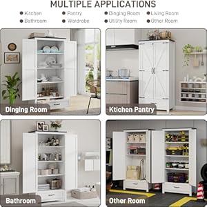 Kitchen Pantry Cabinet 71 Tall Farmhouse Kitchen Storage Cabinet with 2 Barn Doors Lock Versatile Food Pantry Cabinet with Adjustable Shelves and Drawer for Dining Room Kitchen White