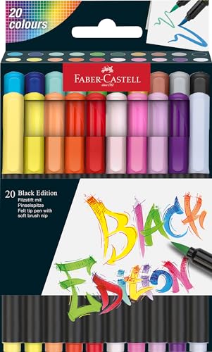 Faber-Castell 116452 - Filzstifte Set Black Edition 20er Etui, mit Pinselspitze, für Kinder und Erwachsene