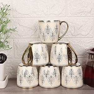 Handcrafted Ceramic Coffee Mugs Indian Golden Tea Cups Set of 6 6 oz Cappuccino Cups Coffee Cups White Tea Cup Set British Coffee Cups Porcelain Tea Set Latte Cups Espresso Mug