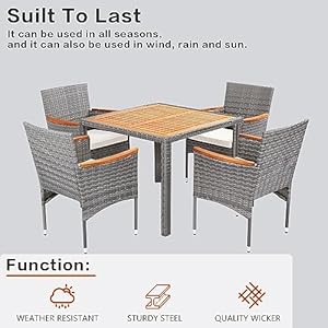 5 Pieces Patio Dining Sets for 4 Outdoor Patio Furniture Sets with Acacia Wood Table Top Outdoor Table and Chairs Wicker Outdoor Furniture Set for Patio Yard Deck GazeboGrey