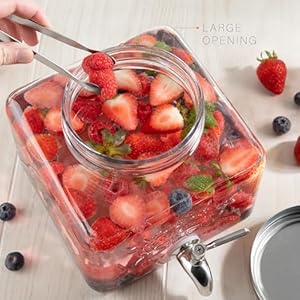 Mosjos glass drink dispenser for fridge stainless steel spigot mason jar dispenser with wide opening easy fill beverage storage for outdoor water iced tea juice sangria detergent 1 gallon  urban country home decor