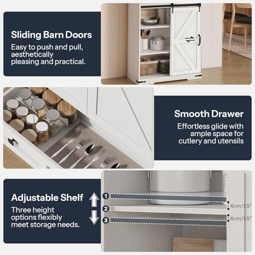 HOOBRO-Farmhouse-Kitchen-Pantry-Cabinet-716-Storage-Cabinet-with-LED-Light-and-Sliding-Barn-Door-Pantry-Cabinet-with-Adjustable-Shelf-and-Drawer-for-Kitchen-Dining-Room-White-and-Walnut HOOBRO Farmhouse Kitchen Pantry Cabinet 716 Storage Cabinet with LED Light and Sliding Barn Door Pantry Cabinet with Adjustable Shelf and Drawer for Kitchen Dining Room White and Walnut
