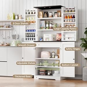 Vongrasig Kitchen Pantry Storage Cabinet with Barn Doors Drawer and Adjustable Shelves 6 Tier Tall Rustic Wood Cupboard Locker for Kitchen Dining Room Living Room Bathroom White