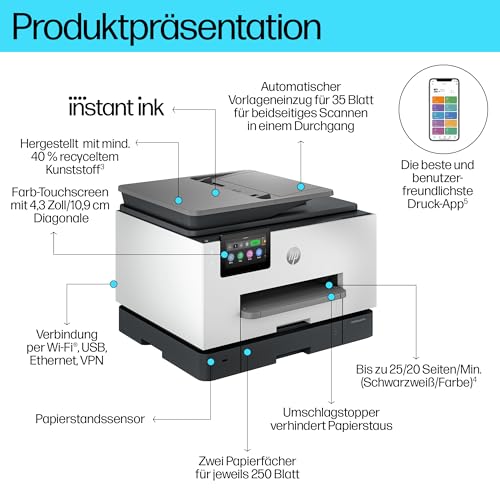 HP OfficeJet Pro 9132e Multifunktionsdrucker, 6 Monate gratis drucken mit HP Instant Ink inklusive, HP+, Drucker, Scanner, Kopierer, Fax, WLAN, LAN, Duplex, Airprint, Grau-Weiß – Bild 4