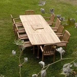   New-11pc-Indonesian-Grade-A-Teak-Outdoor-Dining-Set-Extra-Thick-Rectangle-Double-Extension-Teak-Table-118x40-10-Java-Teak-Stacking-Dining-Chairs-Fine-Sanded-Natural-Finish