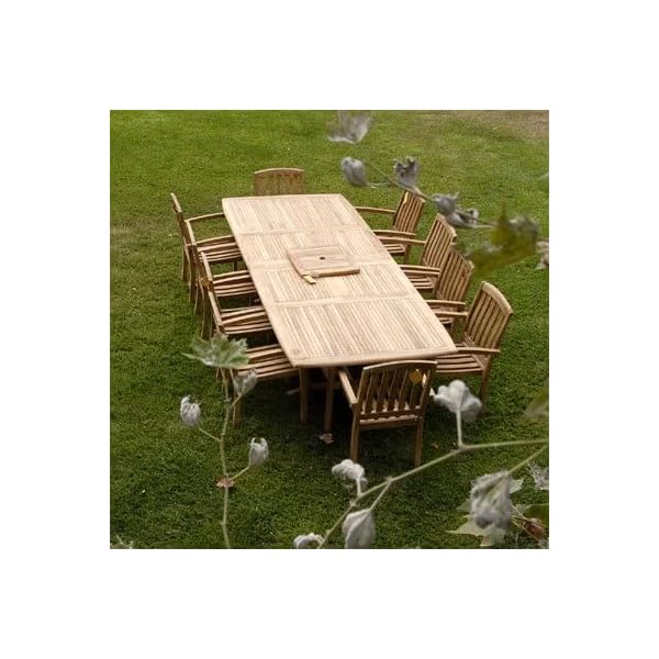  New-11pc-Indonesian-Grade-A-Teak-Outdoor-Dining-Set-Extra-Thick-Rectangle-Double-Extension-Teak-Table-118x40-10-Java-Teak-Stacking-Dining-Chairs-Fine-Sanded-Natural-Finish
