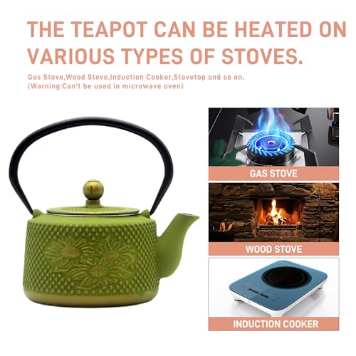 Cast-Iron-Teapot-with-Sunflower-PatternSECHUDO-Tea-Kettle-Coated-with-Enameled-Interior-for-Loose-TeaGreen-Cast-Iron-Teapot-with-Stainless-Steel-Infuser-for-Stovetop-Safe-287oz850ml Cast Iron Teapot with Sunflower PatternSECHUDO Tea Kettle Coated with Enameled Interior for Loose TeaGreen Cast Iron Teapot with Stainless Steel Infuser for Stovetop Safe 287oz850ml