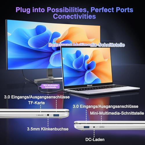 Laptop 15.6 Inch 6GB RAM 256GB SSD Erweiterung 1TB, Notebook Win 11 con 5G WiFi 3.0 Übertragung Anschluss BT 4.2 1920*1080 FHD, Laptops With Mini Multimedia Anschluss & Deutscher Keyboardfilm-Silver – Bild 7