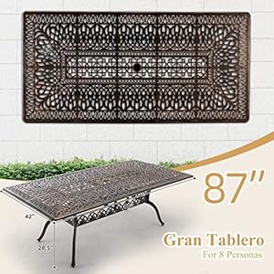 9 Piece Cast Aluminum Outdoor Table and Chairs Classic Vintage Patio Dining Set for 8 Include 87 Rectangular Patio Dining Table and 8 Chairs with Removable Cushion and Umbrella Hole