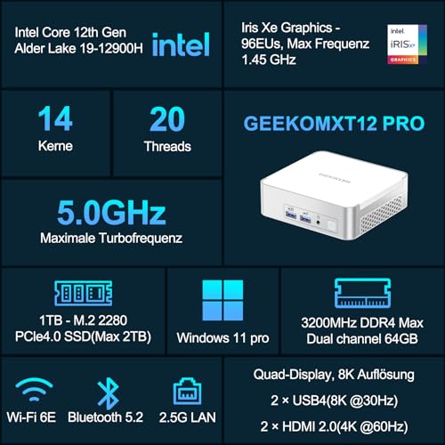 GEEKOM XT12 Pro Mini PC, Intel i9-12900H (14 Kerne, 20 Threads, 24 MB Cache, 5,0 GHz) NUC Desktop PC, Wi-Fi 6E Mini Computer, 32 GB DDR4 Windows 11 Pro 1TB Mini NUC Computer, 2*USB4 | 8K UHD – Bild 4