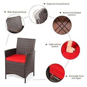 RELAX4LIFE 3 Pieces Patio Rattan Furniture Set with Glass Coffee Table Cushions Outdoor Conversation Set for Poolside Balcony Backyard Lawn Porch 3 Pieces PE Rattan Patio Set Red