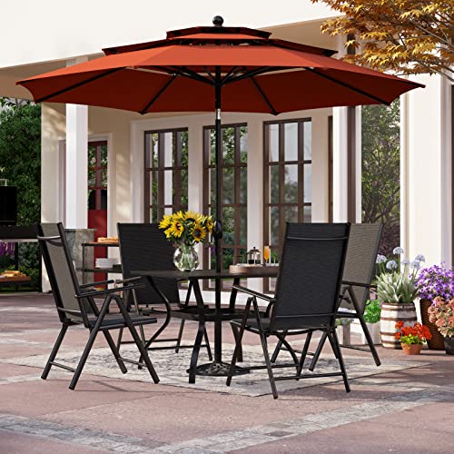 PHI VILLA 5 Pcs Patio Dining Set with Umbrella Orange Red Outdoor Table and Chairs Set with Folding Patio Chairs Adjustable Square Metal Dining Table for Yard Garden and Deck