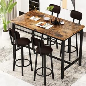   Lamerge-Bar-Table-and-Chairs-Set-Industrial-Wood-Kitchen-Dining-Table-Space-Saving-Breakfast-Bar-Table-Counter-Height-Pub-Table-with-4-PU-Upholstered-Chairs-with-Backrest-5-Pieces-Home-Kitchen-Set