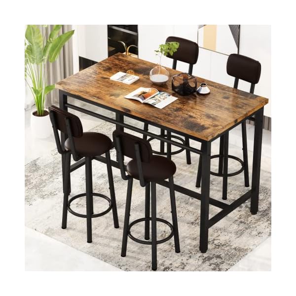   Lamerge-Bar-Table-and-Chairs-Set-Industrial-Wood-Kitchen-Dining-Table-Space-Saving-Breakfast-Bar-Table-Counter-Height-Pub-Table-with-4-PU-Upholstered-Chairs-with-Backrest-5-Pieces-Home-Kitchen-Set