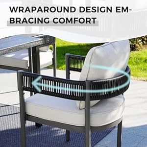 Grand patio Outdoor Dining Set for 6, 7-Piece Patio Table and Chairs Set, Metal Woven Wicker Fixed Patio Chairs with Thickened Cushions & 1 Rectangular Woodgrain Dining Table with Umbrella Hole Grand patio Outdoor Dining Set for 6 7 Piece Patio Table and Chairs Set Metal Woven Wicker Fixed Patio Chairs with Thickened Cushions 1 Rectangular Woodgrain Dining Table with Umbrella Hole