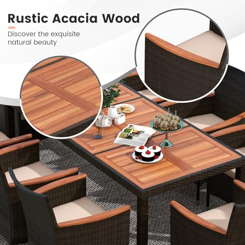 Tangkula-11-Pieces-Patio-Dining-Set-with-15ft-Double-Sided-LED-Patio-Umbrella-Base-Included-Outdoor-Rattan-Furniture-Set-with-8-Stackable-Chairs-Acacia-Wood-Dining-Table-and-Umbrella-Coffee Tangkula 11 Pieces Patio Dining Set with 15ft Double Sided LED Patio Umbrella Base Included Outdoor Rattan Furniture Set with 8 Stackable Chairs Acacia Wood Dining Table and Umbrella Coffee
