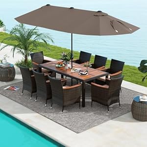 Tangkula 11 Pieces Patio Dining Set with 15ft Double Sided LED Patio Umbrella Base Included Outdoor Rattan Furniture Set with 8 Stackable Chairs Acacia Wood Dining Table and Umbrella Coffee