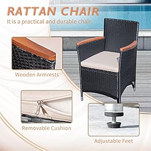 Flamaker 7 PCS Outdoor Patio Dining Set Outdoor Patio Furniture Set Rattan Chairs with Large Wood Table for Garden and Yard