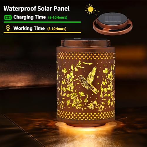 Hummingbird Solar Lanterns Garden Decor Birthday Gifts for Women Mon Grandma Metal Hanging Solar Lights Waterproof Outdoor Decoration for Outside LED Lanterns for Yard Patio Lawn Pathway Landscape - Image 3