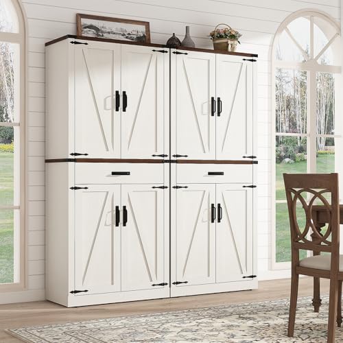 72-Tall-Farmhouse-Kitchen-Pantry-Cabinet-with-Drawer-Rustic-Wood-Cupboard-Storage-Cabinet-wOrganizer-and-4-Barn-Doors-Storage-Cabinet-for-Kitchen-Dining-Room-Living-Room-Rustic-White 72 Tall Farmhouse Kitchen Pantry Cabinet with Drawer Rustic Wood Cupboard Storage Cabinet wOrganizer and 4 Barn Doors Storage Cabinet for Kitchen Dining Room Living Room Rustic White