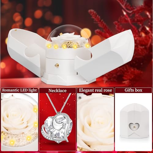 BNWXOY Preserved Real White Rose with Necklace Forever Flowers Rose Birthday Gifts for Women Her Mom Wife Girlfriend Grandma on Valentine Mothers Day Sweetest Day Christmas Anniversary Romantic-White - Image 3