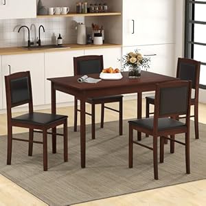   POWERSTONE-Farmhouse-Wood-Dining-Table-Set-for-4-Space-Saving-Kitchen-Table-4-Chairs-Paded-PU-Leather-Rectangular-5-Piece-Dining-Table-Set-4-Rubberwood-Legs-Chairs-for-Kitchen-Indoor-Dinner-Brown