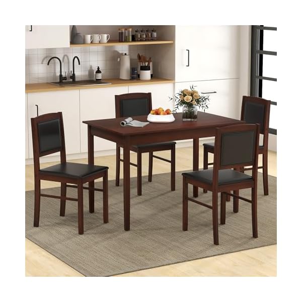   POWERSTONE-Farmhouse-Wood-Dining-Table-Set-for-4-Space-Saving-Kitchen-Table-4-Chairs-Paded-PU-Leather-Rectangular-5-Piece-Dining-Table-Set-4-Rubberwood-Legs-Chairs-for-Kitchen-Indoor-Dinner-Brown