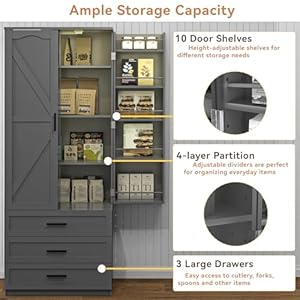 72 LED Kitchen Pantry Cabinet with 3 Drawers Farmhouse Tall Storage Cabinet Wood Food Pantry with Barn Doors and Adjustable Shelves Versatile Storage Freestanding Cupboard for Kitchen