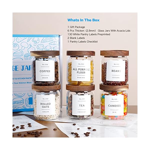   16-OZ-Stackable-Glass-Food-Storage-Jars-with-132-Pantry-Labels-Preprinted-6-Pcs-Thicken-Glass-Storage-Containers-with-Airtight-Acacia-Lid-Clear-Kitchen-Canister-for-Spice-Tea-Coffee-Sugar