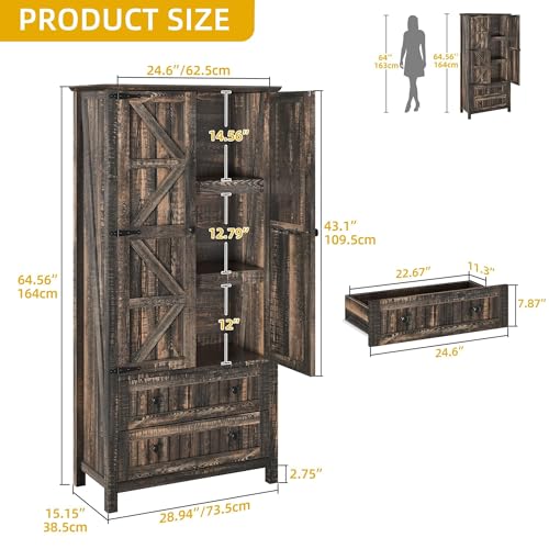 YITAHOME-Farmhouse-Kitchen-Pantry-Cabinet-645-Tall-Storage-Cabinet-with-2-Drawers-Adjustable-Shelves-Ideal-for-Kitchen-Living-Room-or-Entryway-Dark-Rustic YITAHOME Farmhouse Kitchen Pantry Cabinet 645 Tall Storage Cabinet with 2 Drawers Adjustable Shelves Ideal for Kitchen Living Room or Entryway Dark Rustic