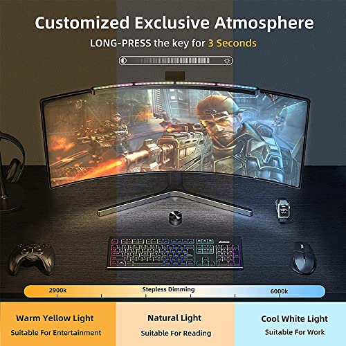 Vanyuei Computer-Lampe für gebogenen/flachen Monitor, mit RGB-Hintergrundbeleuchtung, kabellose Fernbedienung, Touch-Steuerung, keine Bildschirmblendung, gebogenes Bildschirm-Licht für Gaming – Bild 5