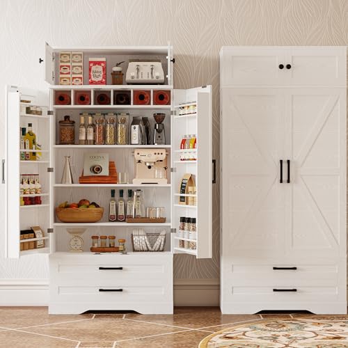 IRONCK-Kitchen-Pantry-72-Height-with-Eight-Hanging-Shelves-Two-Drawers-and-Open-Storage-Cabinet-Freestanding-Cupboard-for-Dining-Room-Living-RoomIndustrial-White IRONCK Kitchen Pantry 72 Height with Eight Hanging Shelves Two Drawers and Open Storage Cabinet Freestanding Cupboard for Dining Room Living RoomIndustrial White