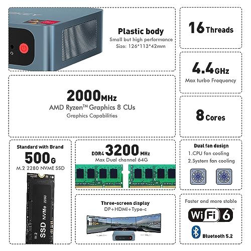 TRIGKEY Mini PC 5800H (bis zu 4,5 GHz) Gaming Mini PC AMD Ryzen 7 16 GB DDR4 500 GB NVME SSD Triple Display HDMI+DP+Typ-C (Video & Daten)/WiFi-6/BT5.2/USB3.2 * 3 – Bild 4