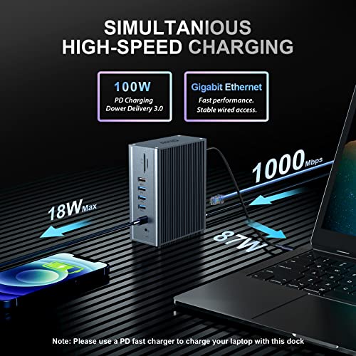 Qhou Dockingstation USB C, 16 in 1 Docking Station USB C, dreifach HDMI, Ethernet, 3,5 mm Audio, 2 USB A und USB C 10 Gbit/s, für Mac Pro/Air und Thunderbolt 3 Laptops – Bild 6