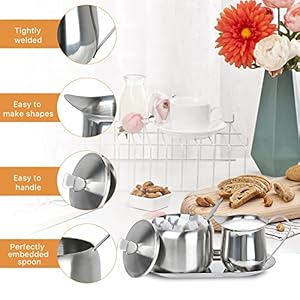 Sugar and Creamer Set Coffee Serving Set Stainless Steel Latte Milk Cup Cream Jug and Sugar Bowl with Lid and Spoon Tray Server for Coffee Tea Pepper Spices