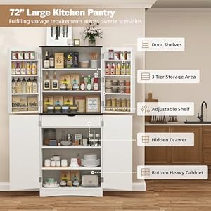 72" Tall Kitchen Pantry, Freestanding Storage Cabinet Farmhouse Rustic Wood Cupboard with Barn Doors, Organizer, Drawer and Adjustable Shelves for Living Room, Dining Room 72 Tall Kitchen Pantry Freestanding Storage Cabinet Farmhouse Rustic Wood Cupboard with Barn Doors Organizer Drawer and Adjustable Shelves for Living Room Dining Room