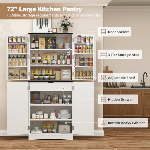 72-Tall-Kitchen-Pantry-Freestanding-Storage-Cabinet-Farmhouse-Rustic-Wood-Cupboard-with-Barn-Doors-Organizer-Drawer-and-Adjustable-Shelves-for-Living-Room-Dining-Room 72 Tall Kitchen Pantry Freestanding Storage Cabinet Farmhouse Rustic Wood Cupboard with Barn Doors Organizer Drawer and Adjustable Shelves for Living Room Dining Room