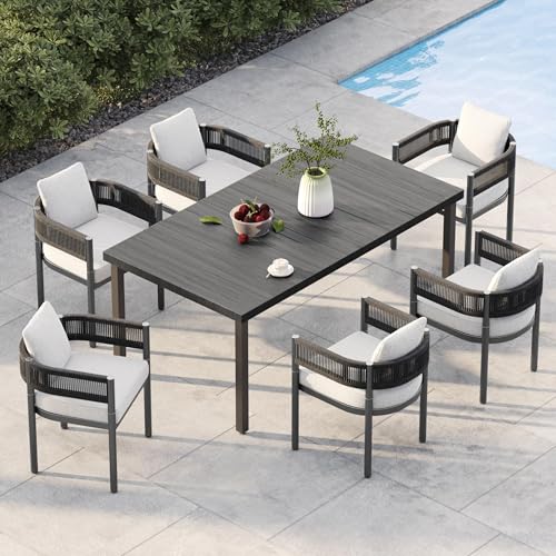 Grand patio Outdoor Dining Set for 6 7 Piece Patio Table and Chairs Set Metal Woven Wicker Fixed Patio Chairs with Thickened Cushions 1 Rectangular Woodgrain Dining Table with Umbrella Hole