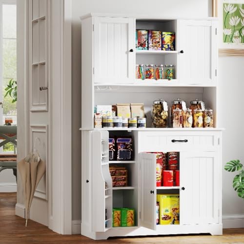 Gizoon-67-Kitchen-Pantry-Cabinet-with-Microwave-Shelf-Tall-Coffee-Bar-Cabinet-with-Doors-and-Shelves-Farmhouse-Kitchen-Hutch-Cabinet-with-Storage-for-Kitchen-Bathroom-and-Living-Room-White Gizoon 67 Kitchen Pantry Cabinet with Microwave Shelf Tall Coffee Bar Cabinet with Doors and Shelves Farmhouse Kitchen Hutch Cabinet with Storage for Kitchen Bathroom and Living Room White