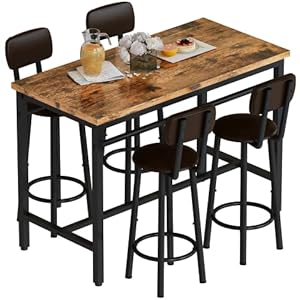   Lamerge-Bar-Table-and-Chairs-Set-Industrial-Wood-Kitchen-Dining-Table-Space-Saving-Breakfast-Bar-Table-Counter-Height-Pub-Table-with-4-PU-Upholstered-Chairs-with-Backrest-5-Pieces-Home-Kitchen-Set