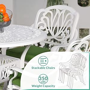   VIVIJASON-5-Piece-Patio-Furniture-Dining-Set-All-Weather-White-Cast-Aluminum-Outdoor-Conversation-Set-Include-4-Cushioned-Chairs-and-a-354-Round-Table-wUmbrella-Hole-for-Balcony-Lawn-Garden