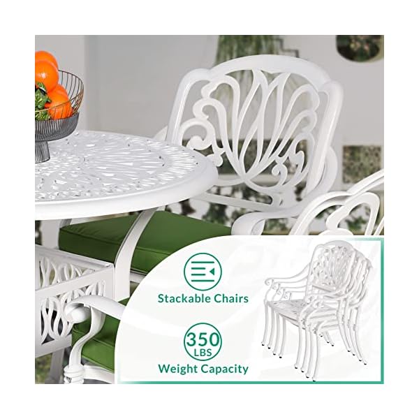   VIVIJASON-5-Piece-Patio-Furniture-Dining-Set-All-Weather-White-Cast-Aluminum-Outdoor-Conversation-Set-Include-4-Cushioned-Chairs-and-a-354-Round-Table-wUmbrella-Hole-for-Balcony-Lawn-Garden