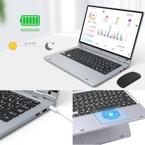 OUZRS Notebook 12 GB RAM 256 GB SSD, Computer Win 11 Pro Celeron 2,8 GHz, Notebook 12 Zoll FHD-Display, 1366 x 800 IPS, 2,4G/5G WiFi, Gaming Laptop Mini HDMI Bluetooth 5.0, PC Laptop mit Maus, Silber – Bild 8