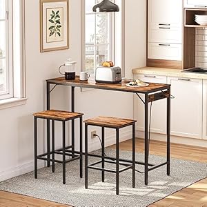 HOOBRO Bar Table and Chairs Set 472 Dining Table Set with Power Outlet 3 Piece Pub Table Set Kitchen Bar Height Table with Stools of 2 Space Saving for Living Room Rustic Brown BF46UBT01