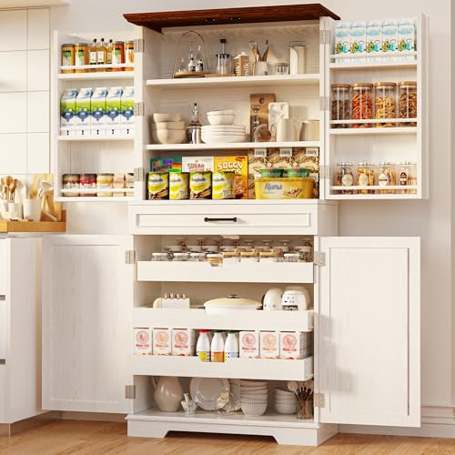 IRONCK-Farmhouse-Kitchen-Pantry-Cabinet-72-Height-Tall-Freestanding-Cupboard-with-Sliding-Storage-Rack-and-6-Hanging-Shelves-for-Kitchen-Dining-Room-White IRONCK Farmhouse Kitchen Pantry Cabinet 72 Height Tall Freestanding Cupboard with Sliding Storage Rack and 6 Hanging Shelves for Kitchen Dining Room White