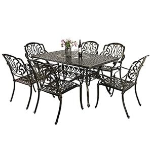 MEETWARM 7 Piece Outdoor Patio Dining Set All Weather Cast Aluminum Patio Conversation Set for Backyard Garden Deck with 6 Chairs 1 Rectangular Table 2 Umbrella Hole Dark Bronze