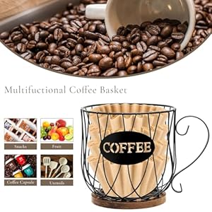 Rustic Metal K Cup Coffee Pod Holder Mug Coffee Station Organizer Large Wire Basket with Wooden Base for Countertop Coffee Storage Farmhouse Decor for Home Office Rustic Brown Round