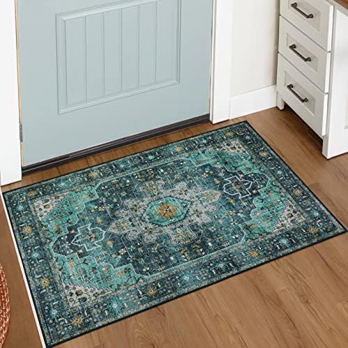 Moynesa Ultra-Thin Washable Area Rug - 2x3 Teal Entryway Mat 1
